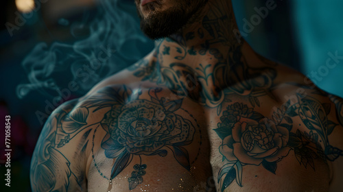 Close-up of a bearded man's chest showcasing a myriad of detailed tattoos with vibrant colors and lighting effects