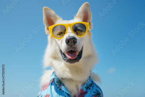 Dog with sun glasses. Empty space. Blue sky. Summer vacation and travel concept.