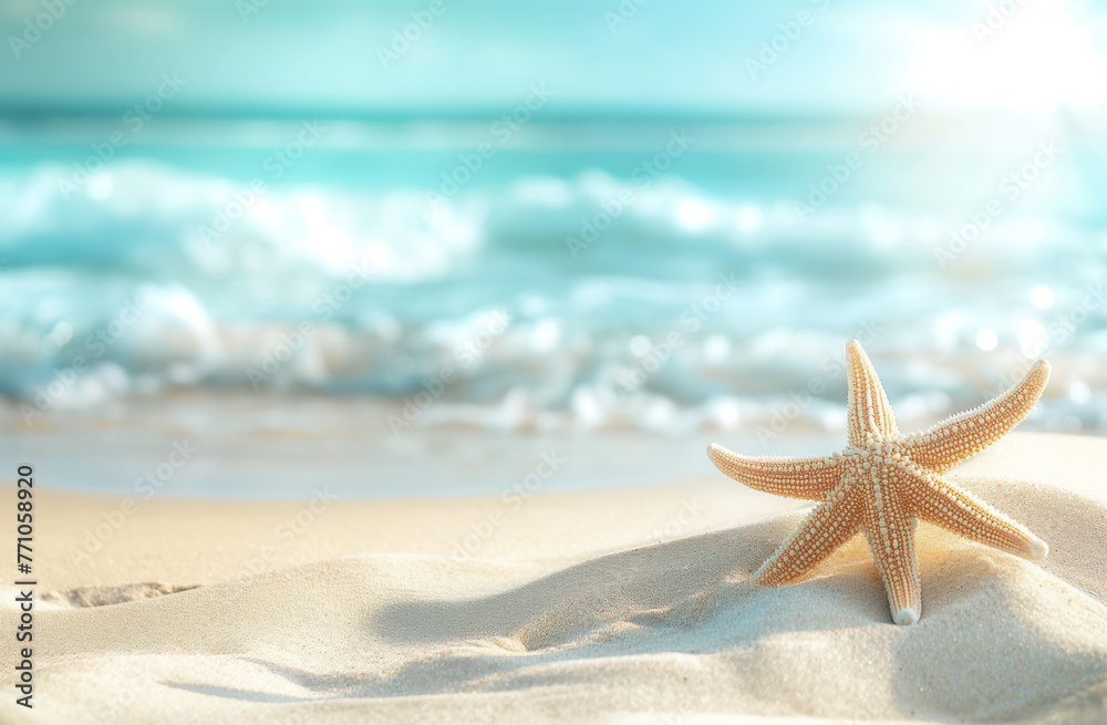 Summer vacation and travel concept. Sea star and shells on the beach. Empty space blurred background. Blue ocean and sky. Sandy beach. Summer vacation and travel concept. Sea star and shells on the beach. Empty space blurred background. Blue ocean and sky. Sandy beach.
