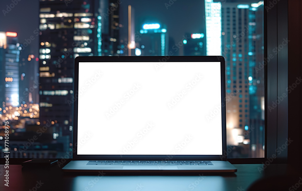 Blank computer screen in a room. City view from window.
Blank computer screen in a room. City view from window.