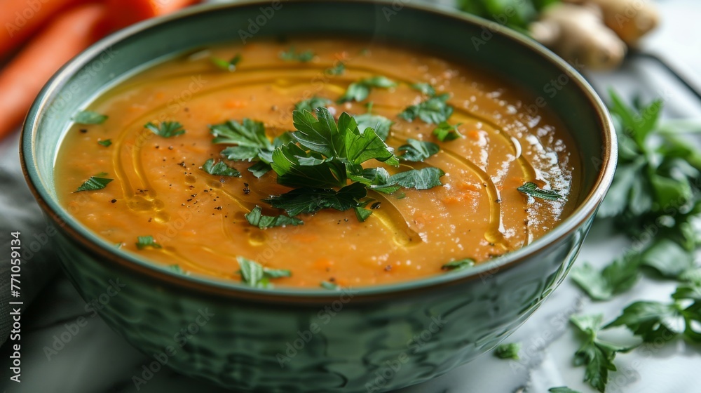 Carrot Ginger Soup in green bowl on marble background generated with AI Carrot Ginger Soup in green bowl on marble background generated with AI