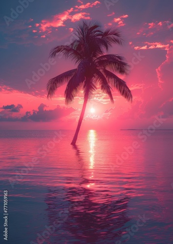 Miami beach with a red colored silhouette of a palm tree and background in pink color with neon colors pink and red only,generated with ai