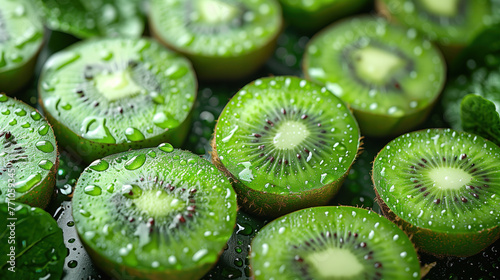 Close-up of sliced kiwi slices with water droplets on the surface