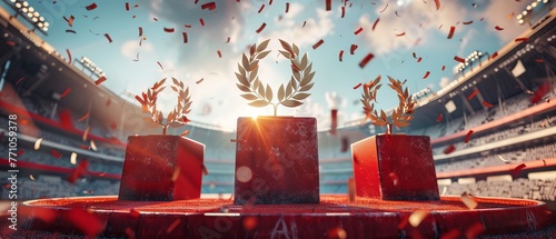 Three olympic red podiums decorated with golden laurel leaves, tv commercial, generated with AI