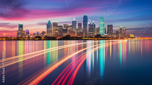Dramatic Sunset Over City Skyline with Reflective Light Trails, Urban Cityscape