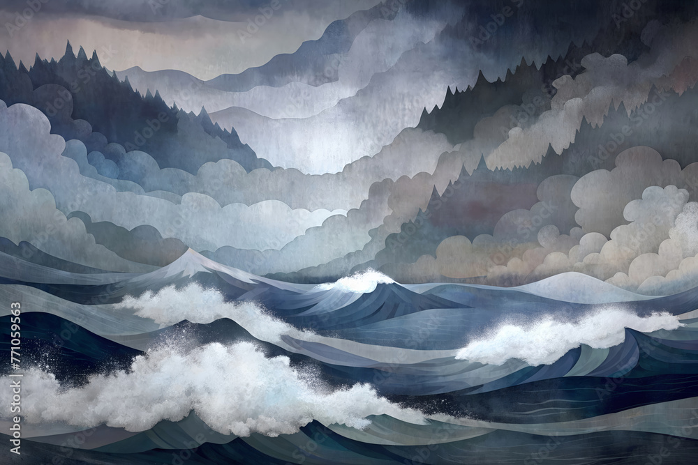 The power of the sea meets the stillness of the mist-covered mountains under a brooding sky