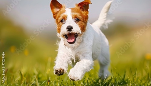 Playful puppy joyfully running in lush green grass field, adorable pet enjoying outdoor activity