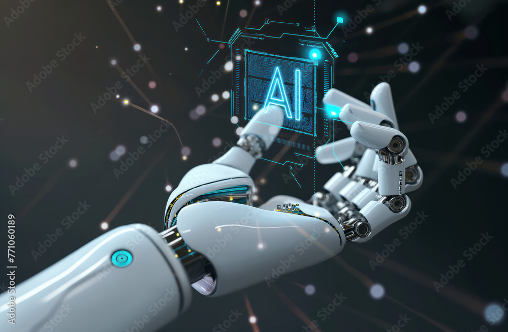 Naklejka premium Artificial intelligence, AI and technology concept. Robotic hand holding AI chip. Blue tones.