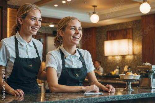 Two happy European waitresses in aprons and bow ties smile at the camera and wait for an order near the bar