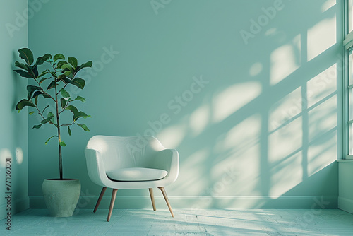 Creative interior design including an armchair and plant pot in a green studio. pastel blue background with a white backdrop. 3D modeling for a webpage  slide show  or image frame.