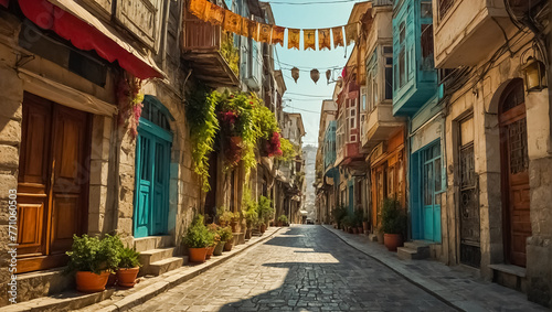 Beautiful narrow ancient street in Istanbul summer