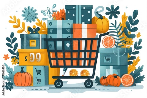 Shopping cart with presents and pumpkins on white background for Halloween and holiday shopping.