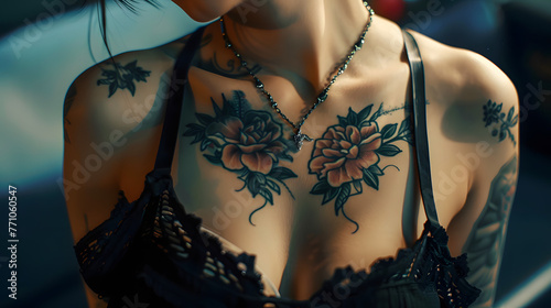 A stunning display of delicate floral tattoos elegantly draped over a woman's shoulder and chest, adorned with a fine necklace