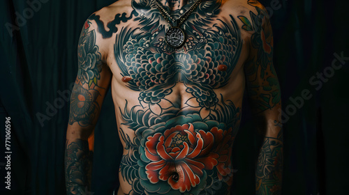 Traditional Japanese tattoo artwork decorates the torso and arms with intricate, bold patterns and a rich cultural narrative