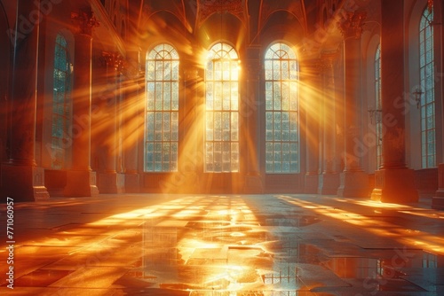 Sunlit Church Interior Featuring Stunning Stained Glass Windows and Serene Sunlight Illumination photo