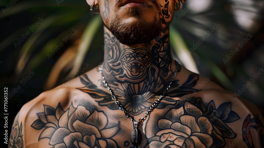 Vibrant flower and pattern tattoos adorn a man's neck and chest