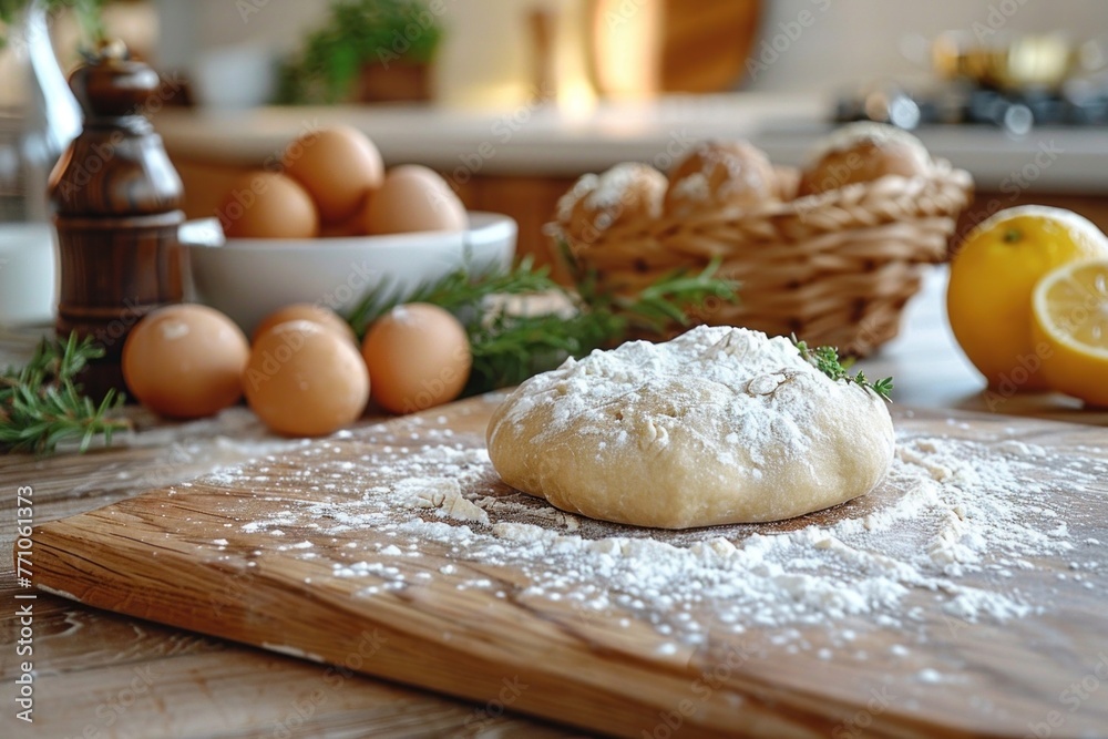Freshly prepared dough sits on a wooden table, ready to be kneaded and shaped into a delicious meal. Freshly prepared dough sits on a wooden table, ready to be kneaded and shaped into a delicious meal.