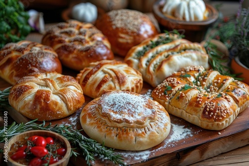 Freshly baked delicious pies and breads on wooden table background