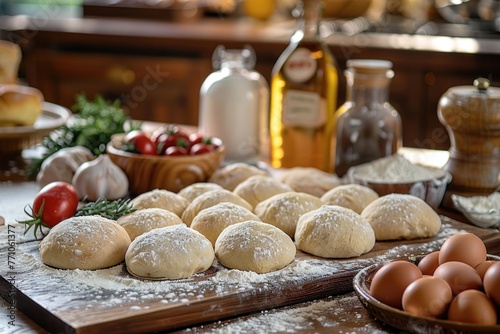 Raw dough balls on wooden table with baking ingredients in background