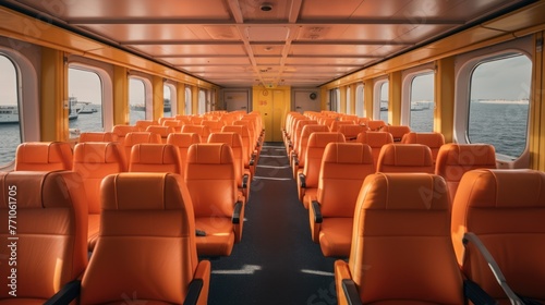 View of interior seats of a ferry. Orange armchairs, AI generated