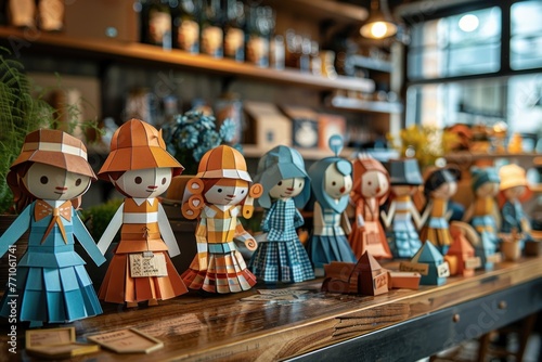 Colorful paper dolls with retro clothing design, on a wooden table with blurred background photo