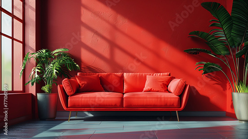 little interior space including a red sofa, monochrome red 3D icon, and 3D rendering.