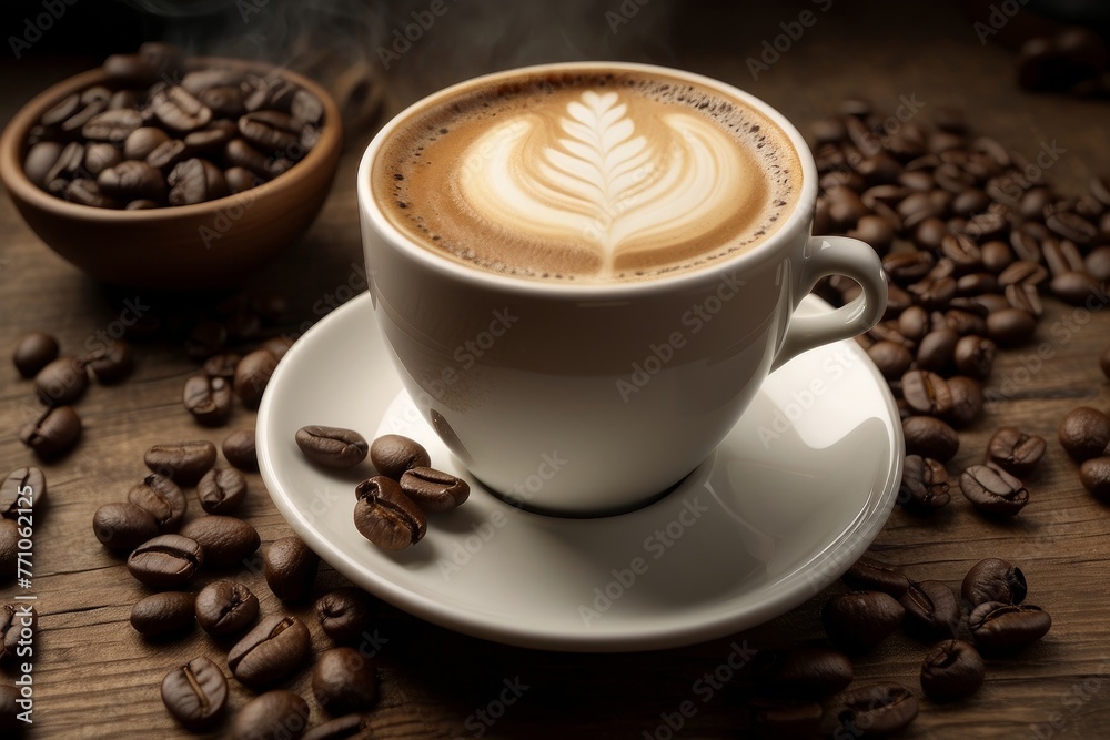 An artfully prepared cup of latte, surrounded by fresh coffee beans, captured in a bright, natural environment that invokes the cozy feeling of quiet mornings An artfully prepared cup of latte, surrounded by fresh coffee beans, captured in a bright, natural environment that invokes the cozy feeling of quiet mornings