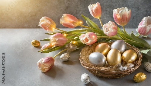 easter holiday concept with easter eggs and tulip flowers decor on gray background