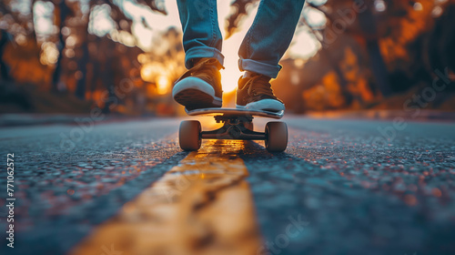 The feet of a man on a skateboard moving along road markings against a backdrop of sunset lighting.