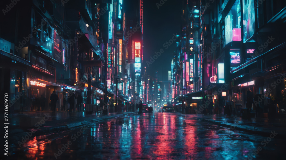 Obraz premium Neon-Lit City Street at Night