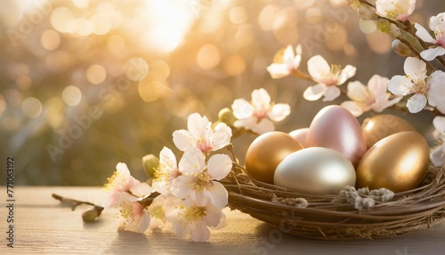 happy easter holiday background easter eggs and beautiful spring flowers