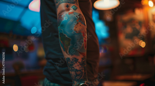 Reflective and artistic, this tattoo features a detailed world map on a man's sleeve in an urban diner setting