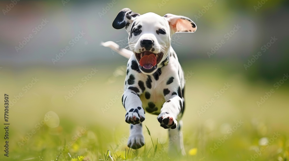 Energetic dalmatian puppy joyfully playing in a grassy meadow, a charming spotted beauty