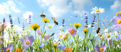 A wide-angle view of a sunlit meadow, buzzing bees, and a variety of wildflowers under a soft blue sky