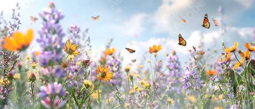 An enchanting field of vibrant flowers and fluttering monarch butterflies under a sunny sky
