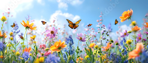 Majestic monarch butterflies soar above vivid wildflowers against the backdrop of a brilliant blue sky