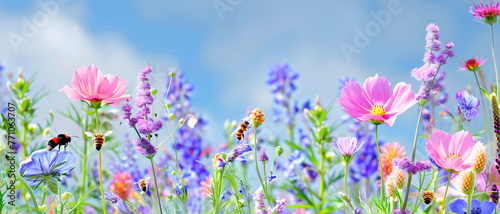 A detailed composition of various flowers against a clear blue sky with bees hovering
