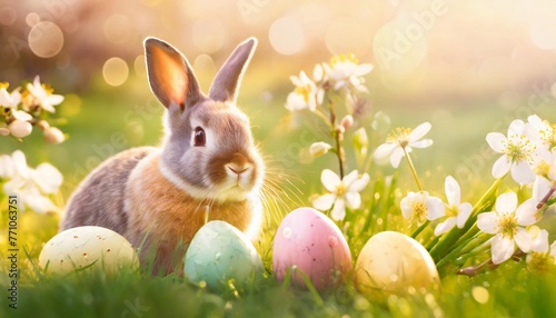 cute easter rabbit with decorated eggs and spring flowers on green spring landscape little bunny in the meadow happy easter greeting card banner border
