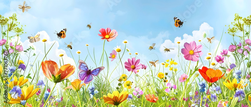 A colorful panorama featuring a variety of flowers and flying insects against a blue sky with clouds