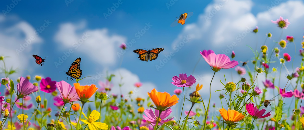 A crisp clear sky extends over a dynamic landscape of flowers with bright butterflies in flight
