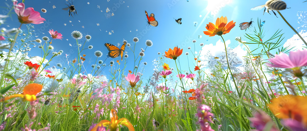 An immersive ground-level view of lush wildflowers and butterflies against a sunny blue sky background