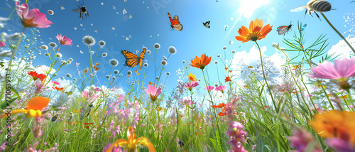 An immersive ground-level view of lush wildflowers and butterflies against a sunny blue sky background © Reiskuchen