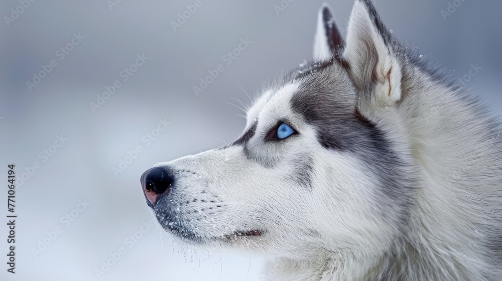Majestic siberian husky puppy with striking blue eyes in snowy wilderness adventures
