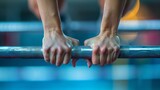During a rigorous training session, the chalk-covered hands of a gymnast tightly grip the horizontal bar, each detail vividly captured in the image.