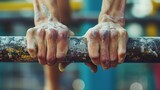 In the midst of training, the camera freezes the moment: chalk-dusted hands of a gymnast clasping the horizontal bar, every intricate detail highlighted.