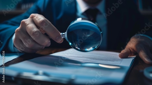 With a large magnifying glass, a focused man in glasses closely inspects papers in a dimly illuminated room.