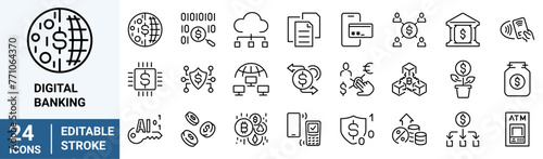 Digital banking web icons in line style. Fintech, insurtech, cryptocurrency, blockchain, neobank, cloud tech. Vector illustration.