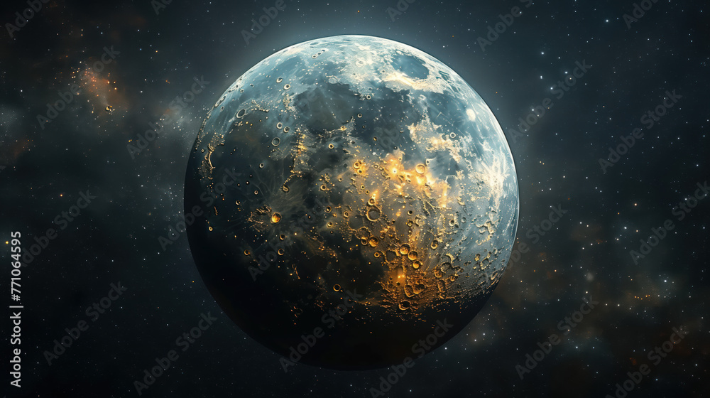 image of a textured moon, side-lit, against the background of outer space