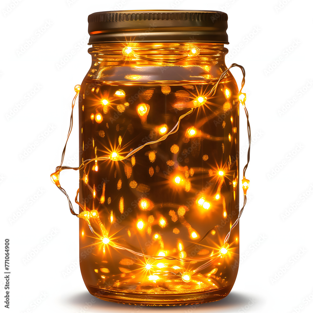 Obraz premium Mason jar with string lights isolated on white background, professional photography, png 