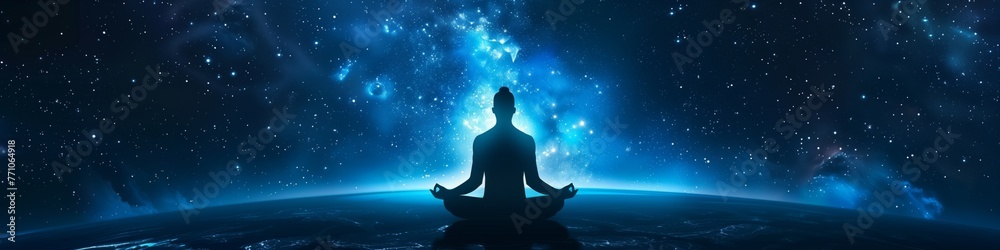 meditating figure against cosmic backdrop achieving spiritual tranquility